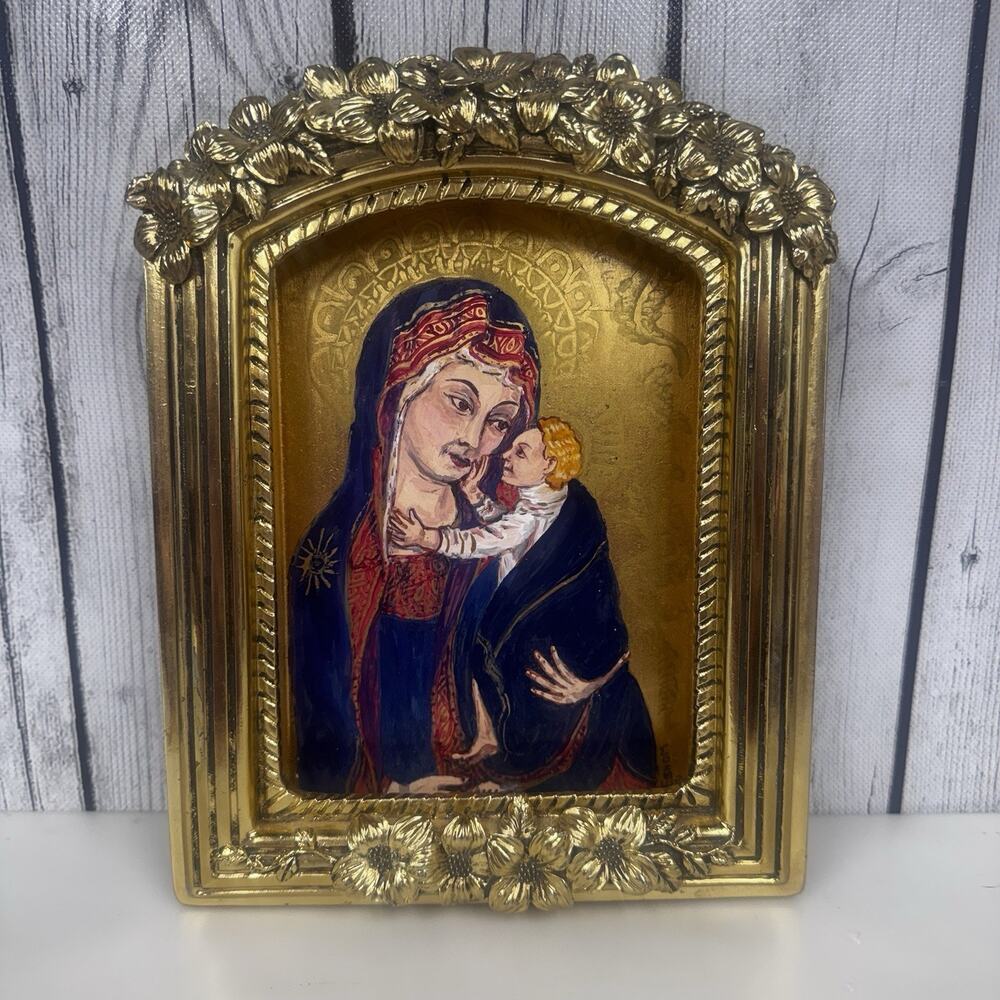 Hand Painted Religious Artwork of the Madonna & Child Gold Painted Frame Signed